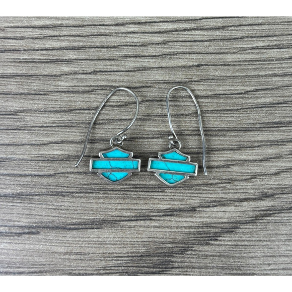 Harley Davidson Bar & Shield Turquoise Dangle Earrings 925 MOD Sterling Silver - Picture 1 of 4